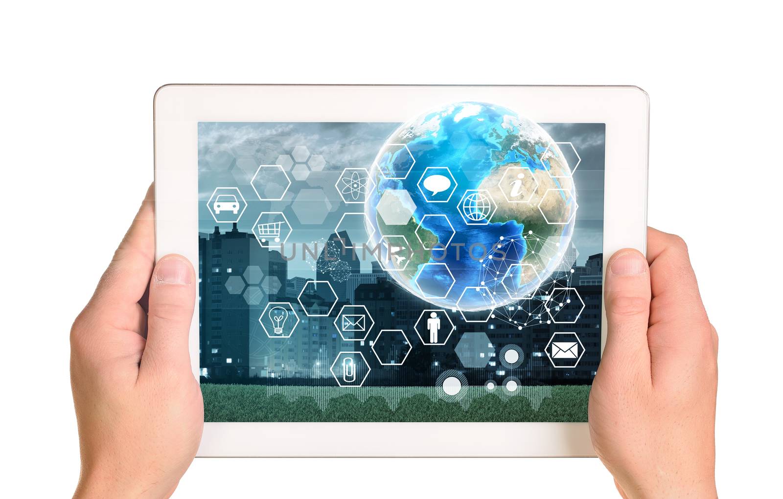 Human hands holding tablet with earth model on isolated white background. Elements of this image furnished by NASA