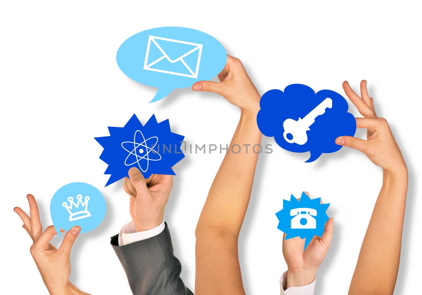 Business people hands holding computer icons on isolated white background