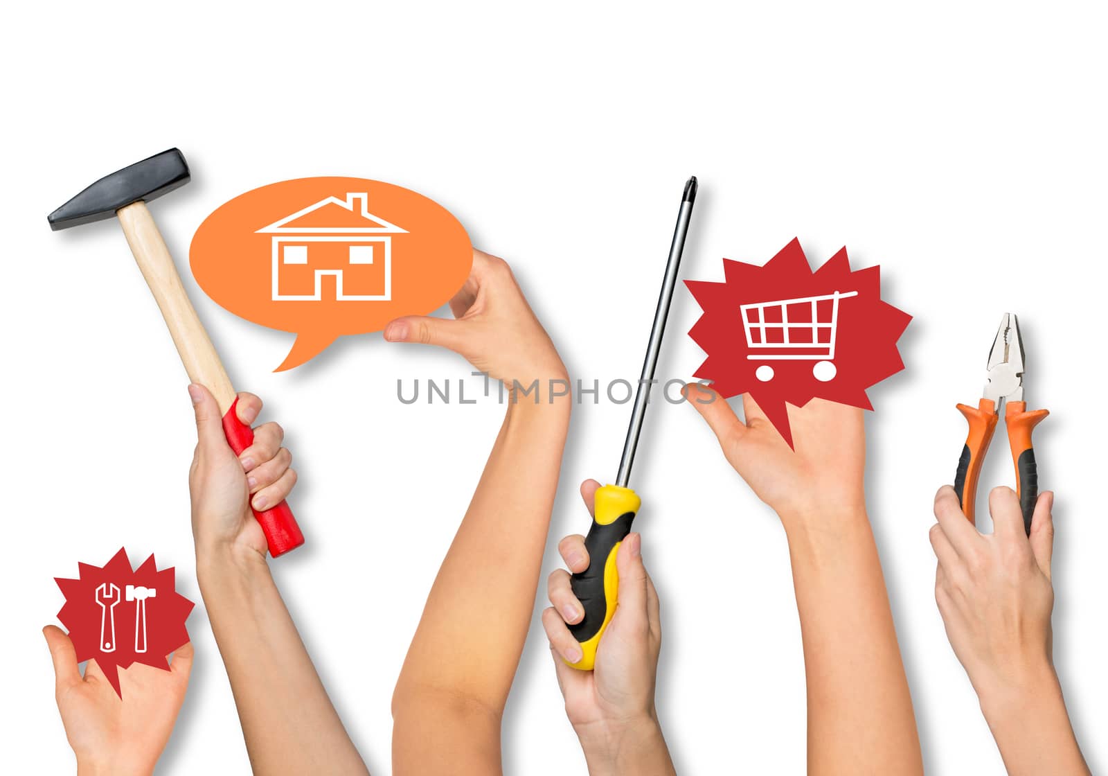 Peoples hands holding tools on isolated white background