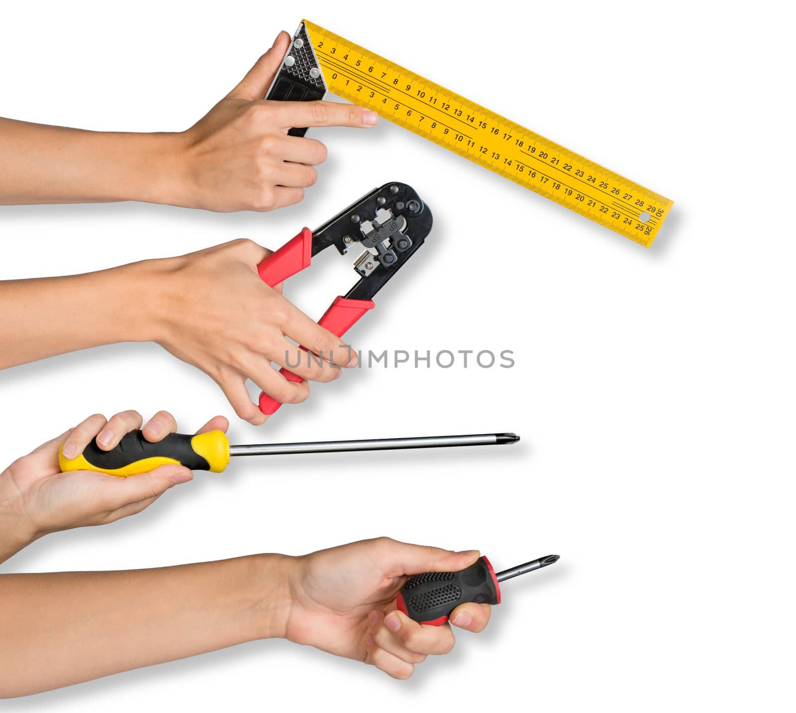 Peoples hands holding different tools on isolated white background