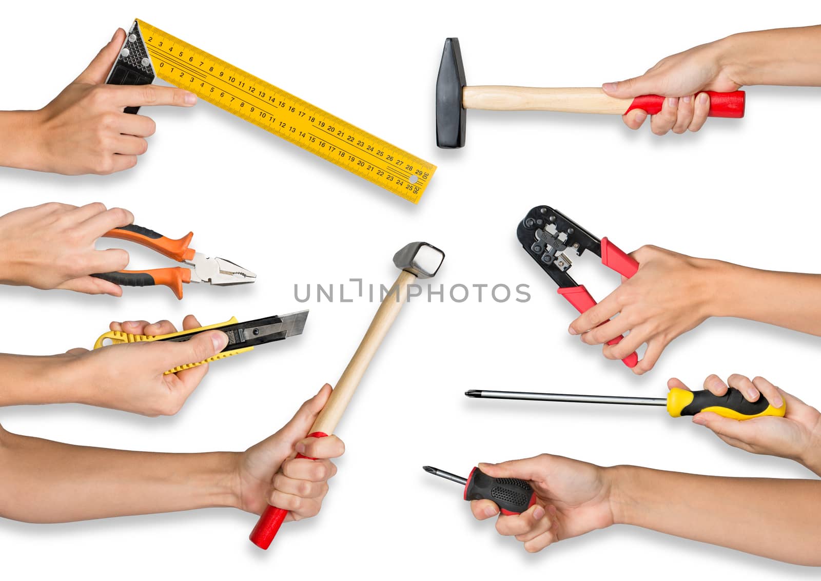 Set of peoples hands holding different tools on isolated white background