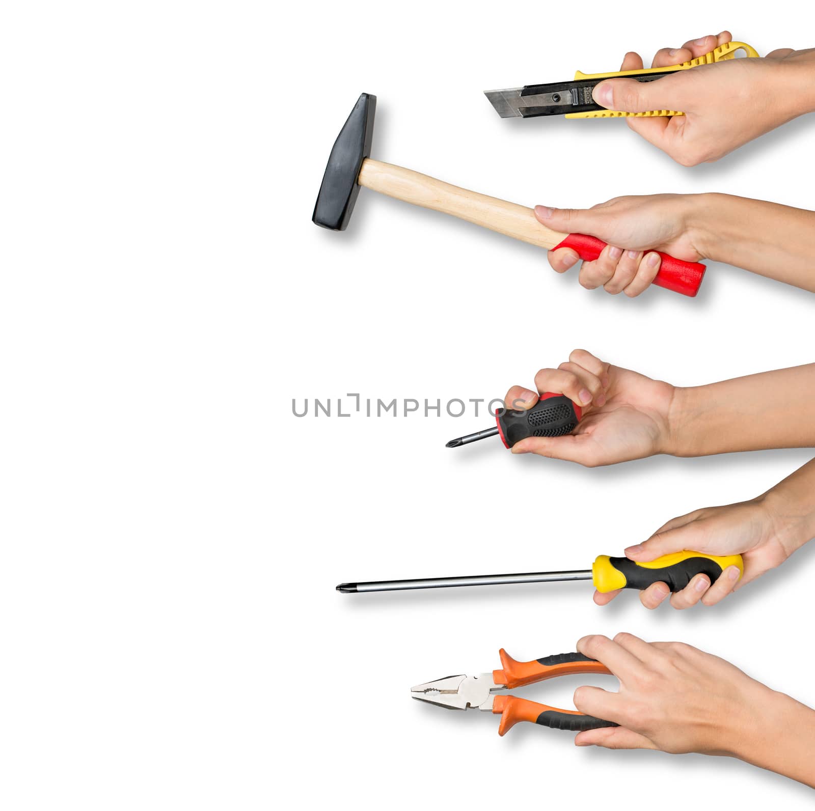 Set of peoples hands holding tools by cherezoff