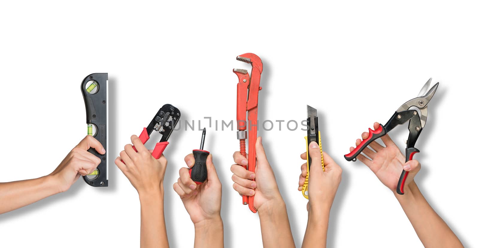 Set of peoples hands holding different tools from below on isolated white background