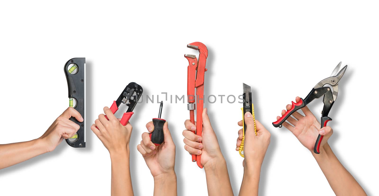 Set of peoples hands holding tools by cherezoff