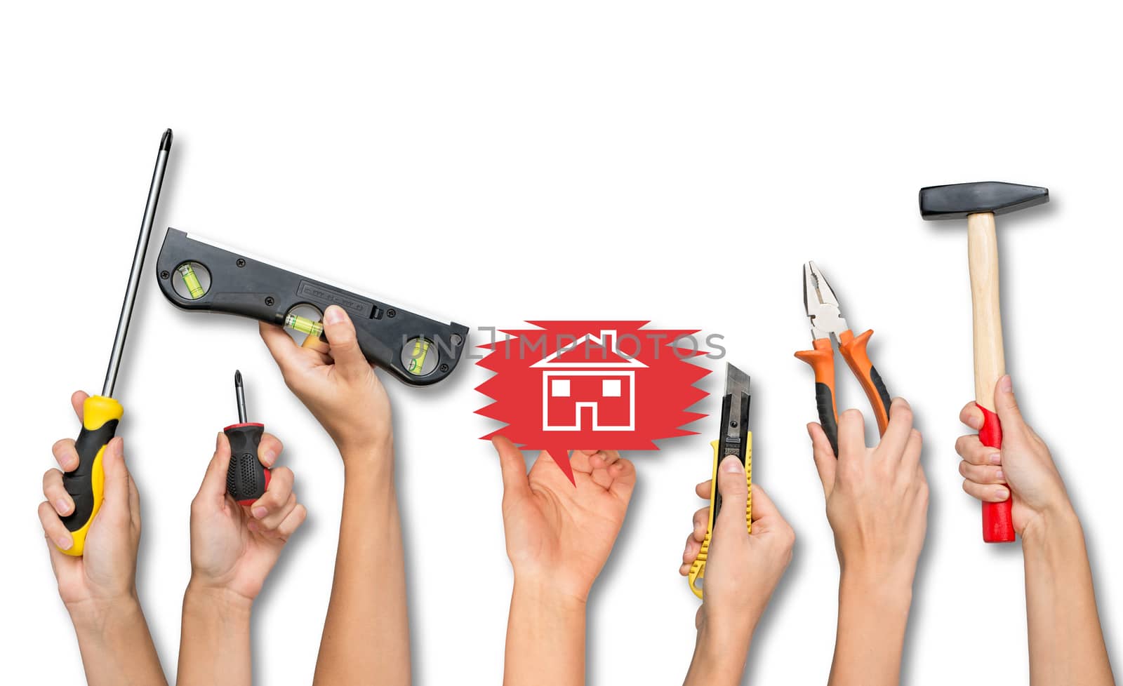 Set of peoples hands holding different tools and computer icons on isolated white background