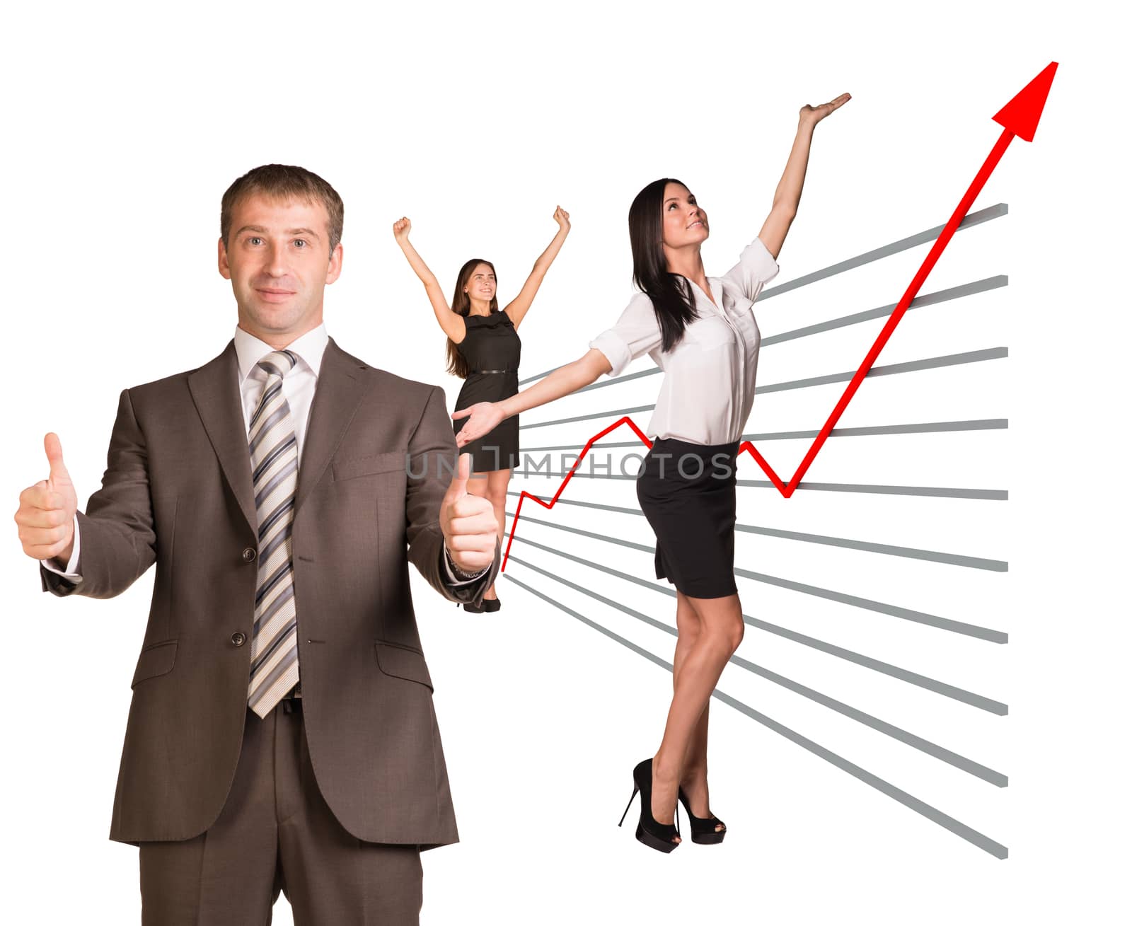 Business people and graphical chart on isolated white background