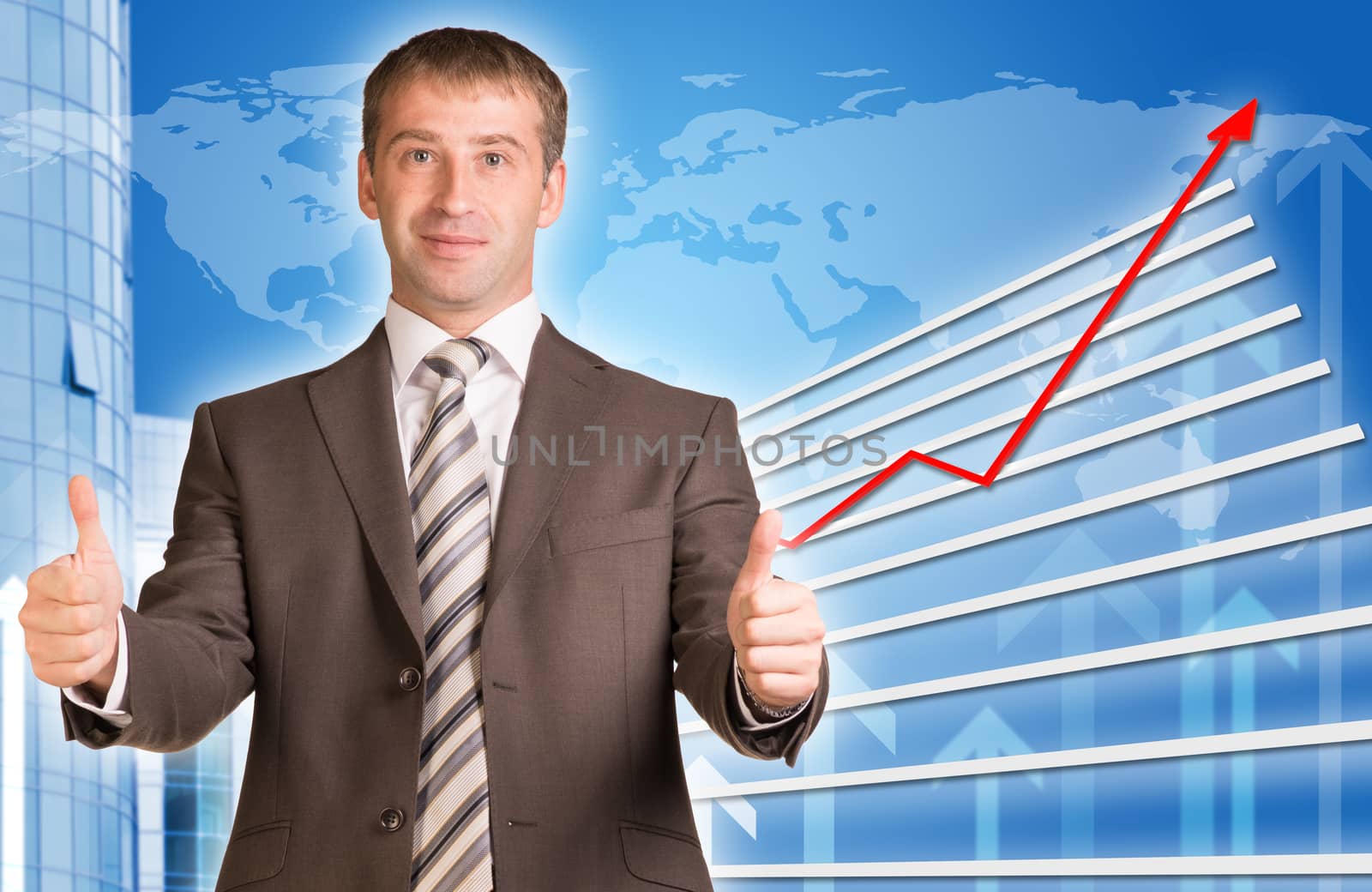 Businessman and graphical chart on abstract blue background