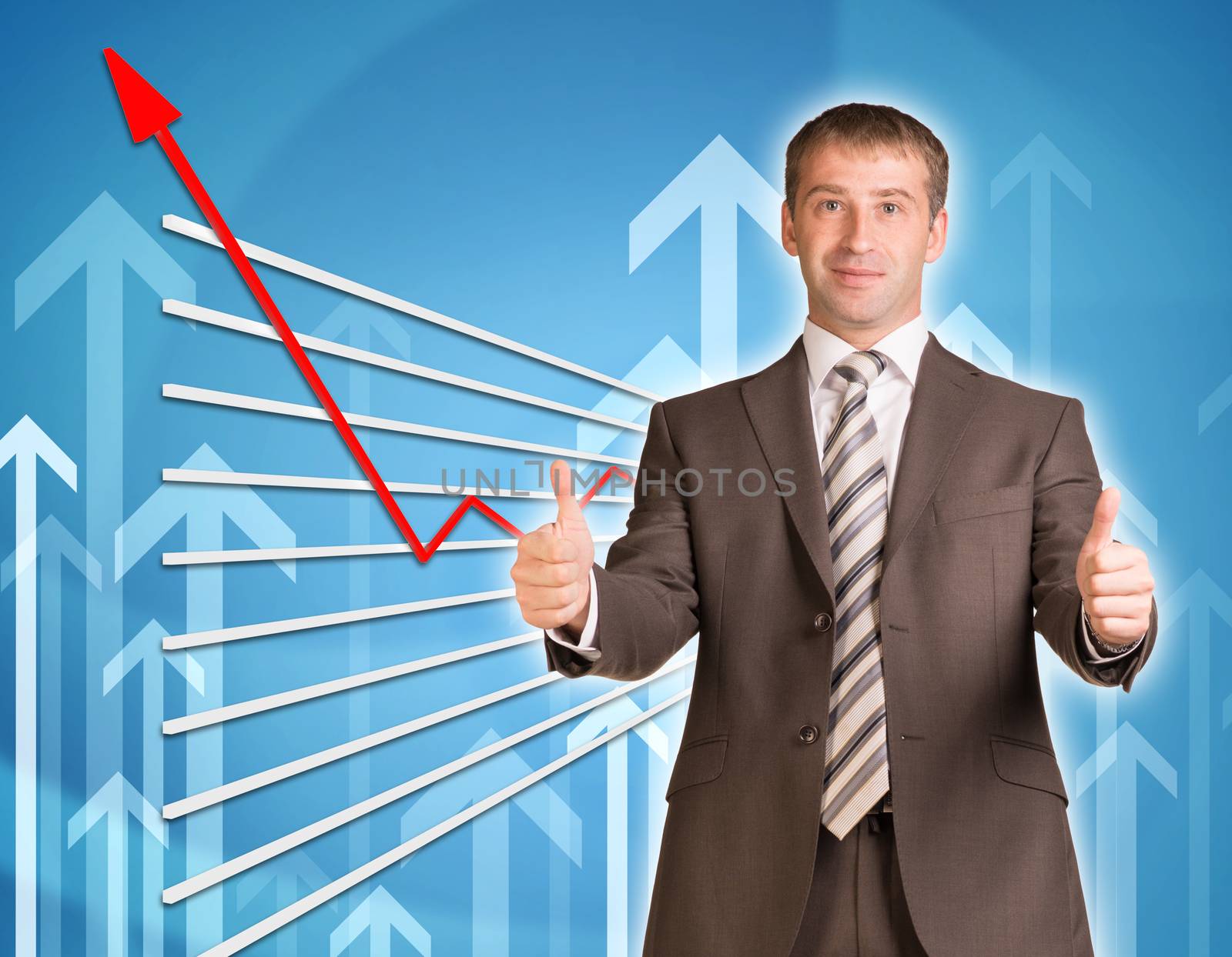 Businessman in suit and graphical chart on abstract blue background