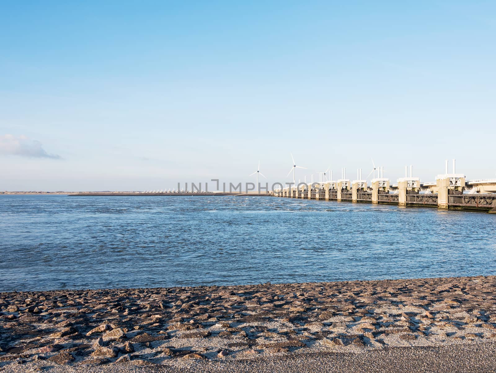 overview of the deltaworks in holland at the Oosterschelde river to protect holland form high sea level, this is near the dutch museum neeltje jans