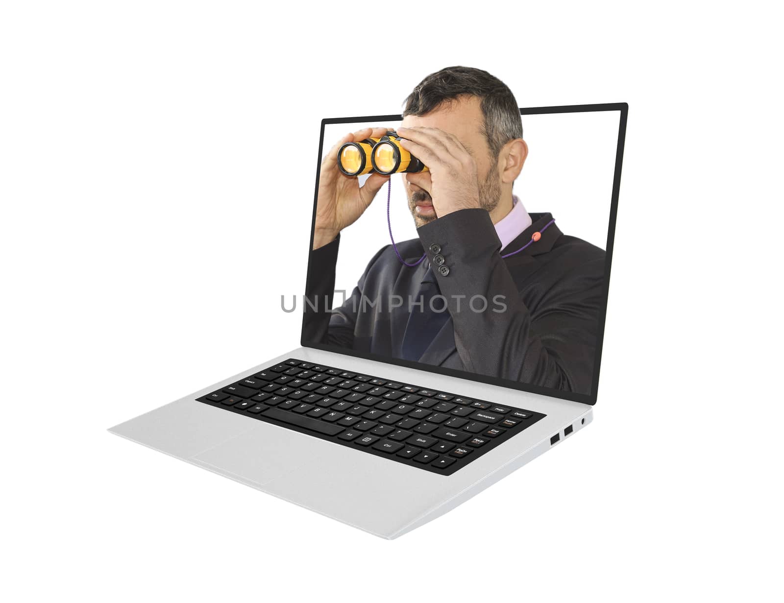 Online economic forecast concept. Man in suit holding binoculars inside a laptop.