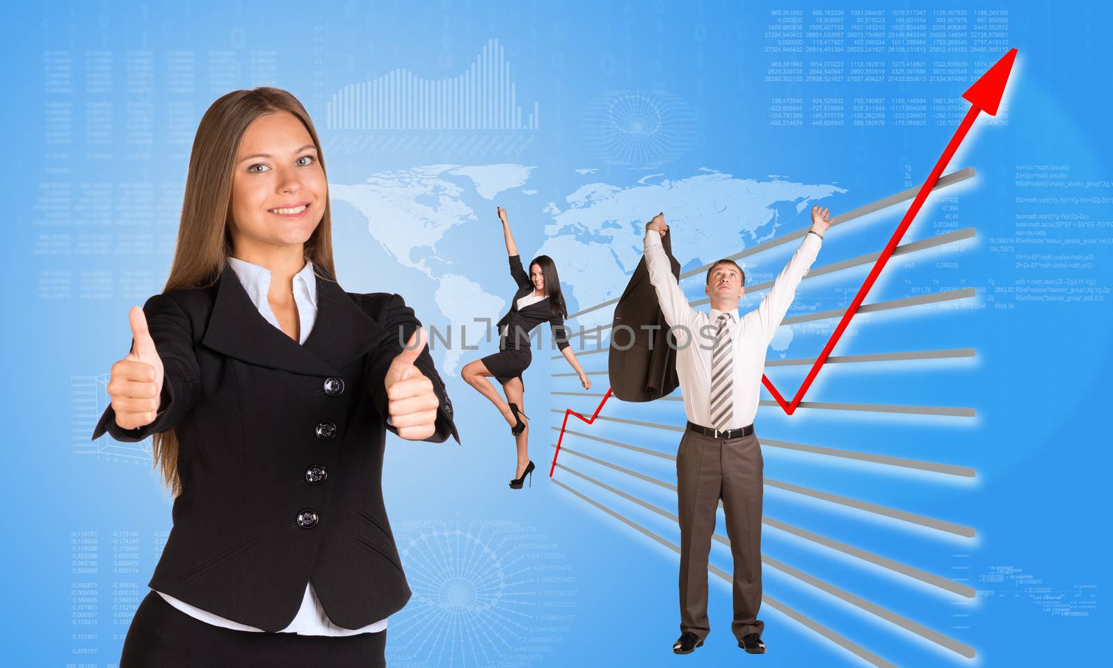 Business people and graphical chart on abstract blue background