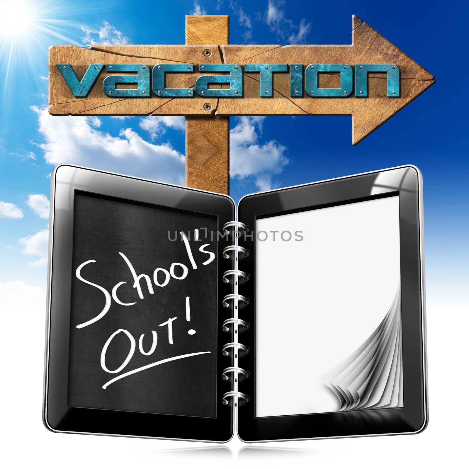 Tablet computer in the shape of exercise book with text, School’s out, wooden directional sign with text Vacation. On blue sky with clouds and sun rays