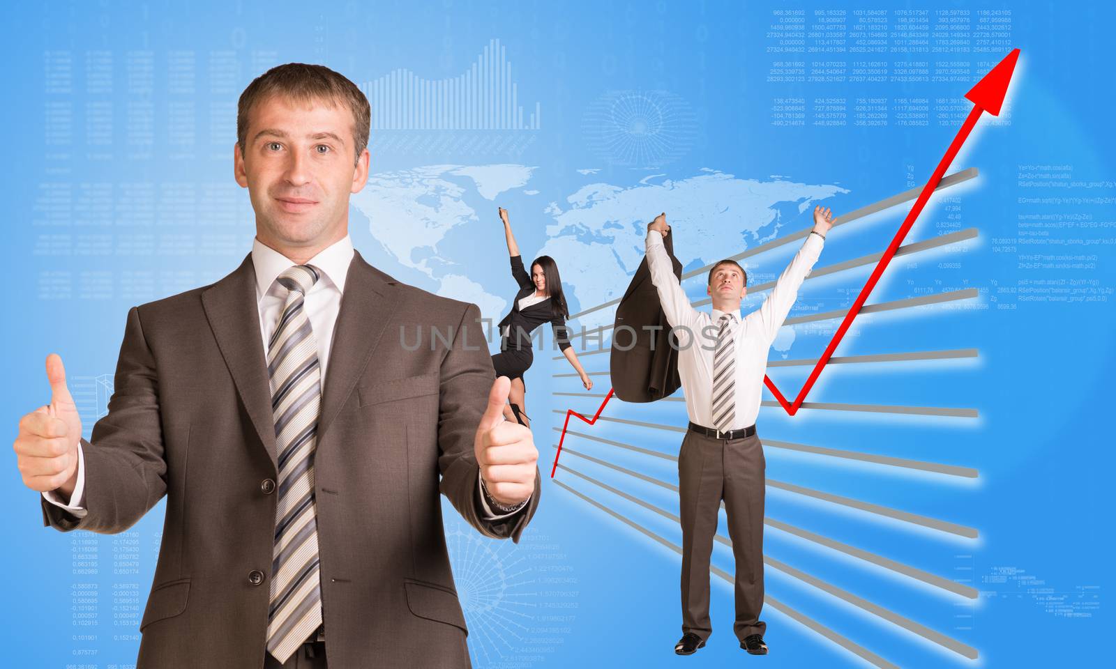 Happy business people and graphical chart on abstract blue background