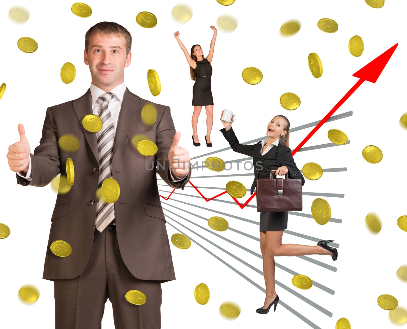 Business people under money rain on white background