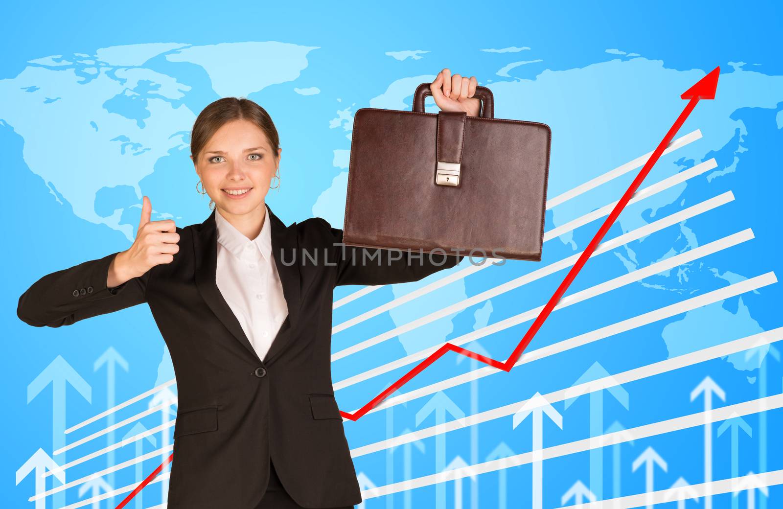 Young businesswoman holding suitcase and looking at camera on abstract blue background