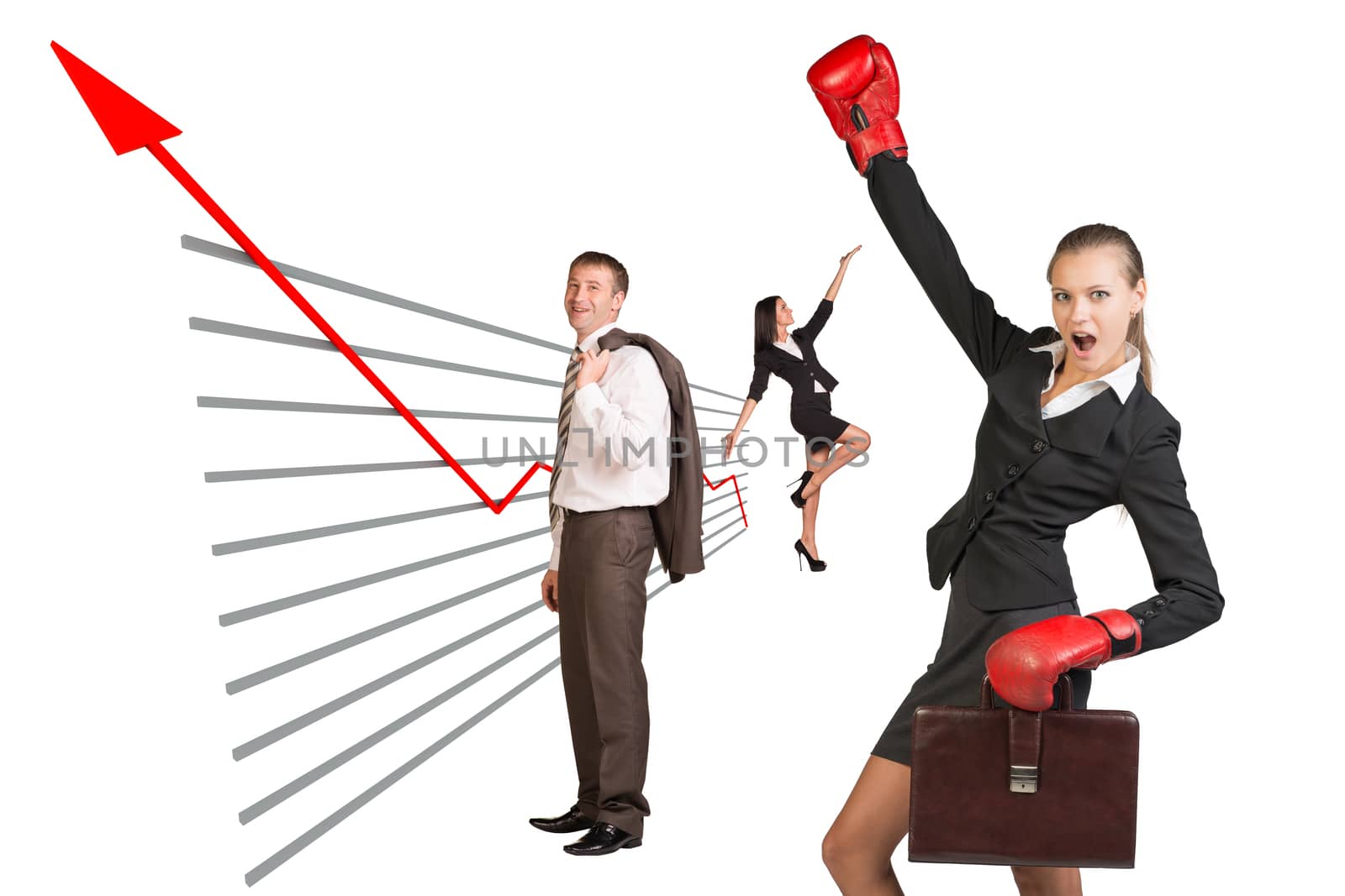 Businesswoman in boxing-gloves and business people in different postures on isolated white background