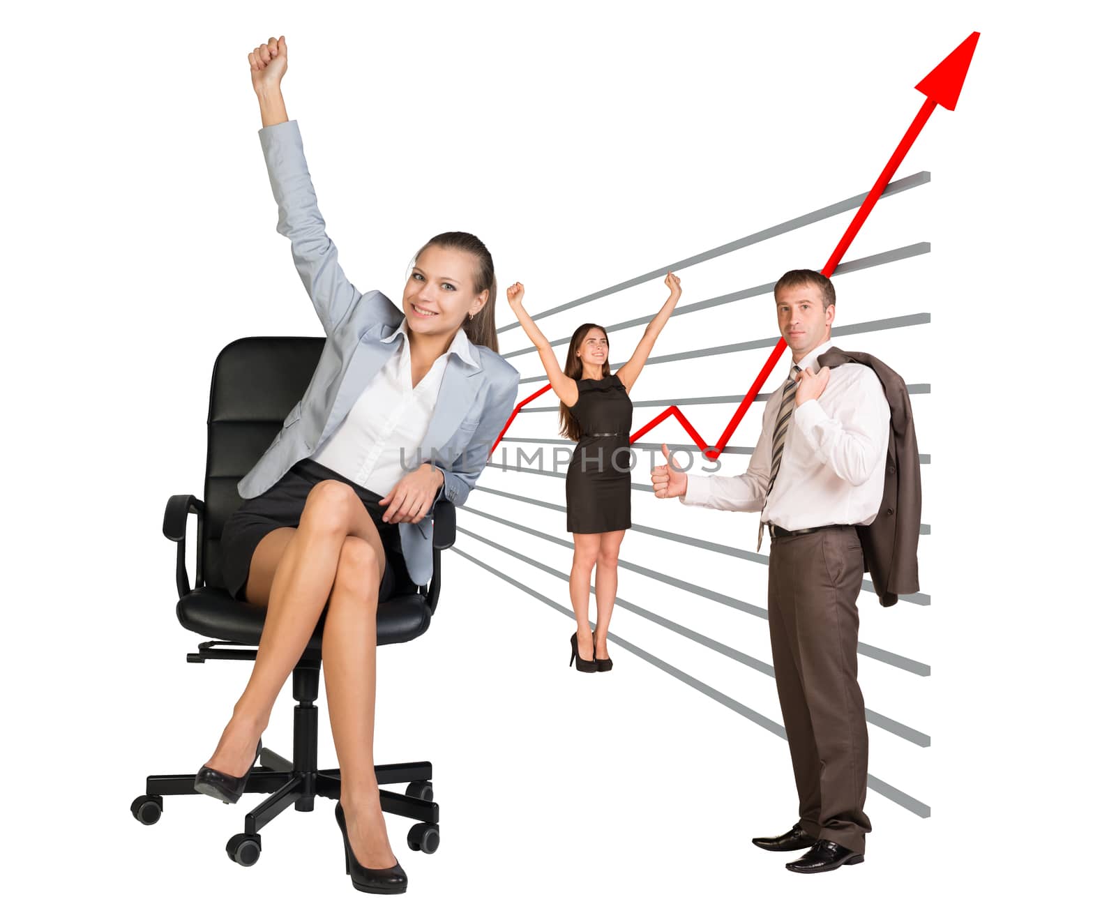 Businesswoman sitting in chair and business people in different postures on isolated white background