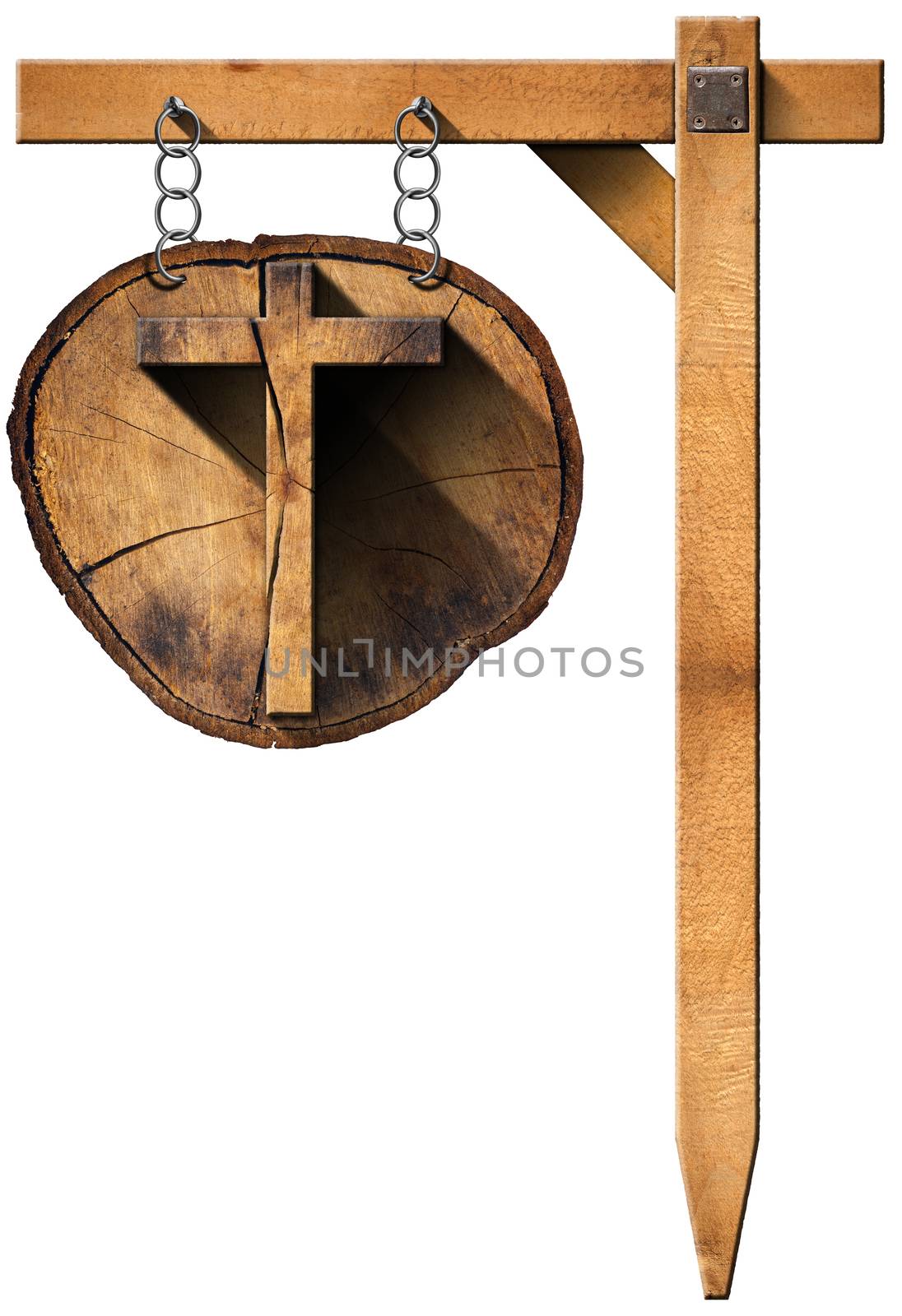 Wooden Christian cross on a section of tree trunk, hanging from a metal chain on a wooden pole and isolated on white background