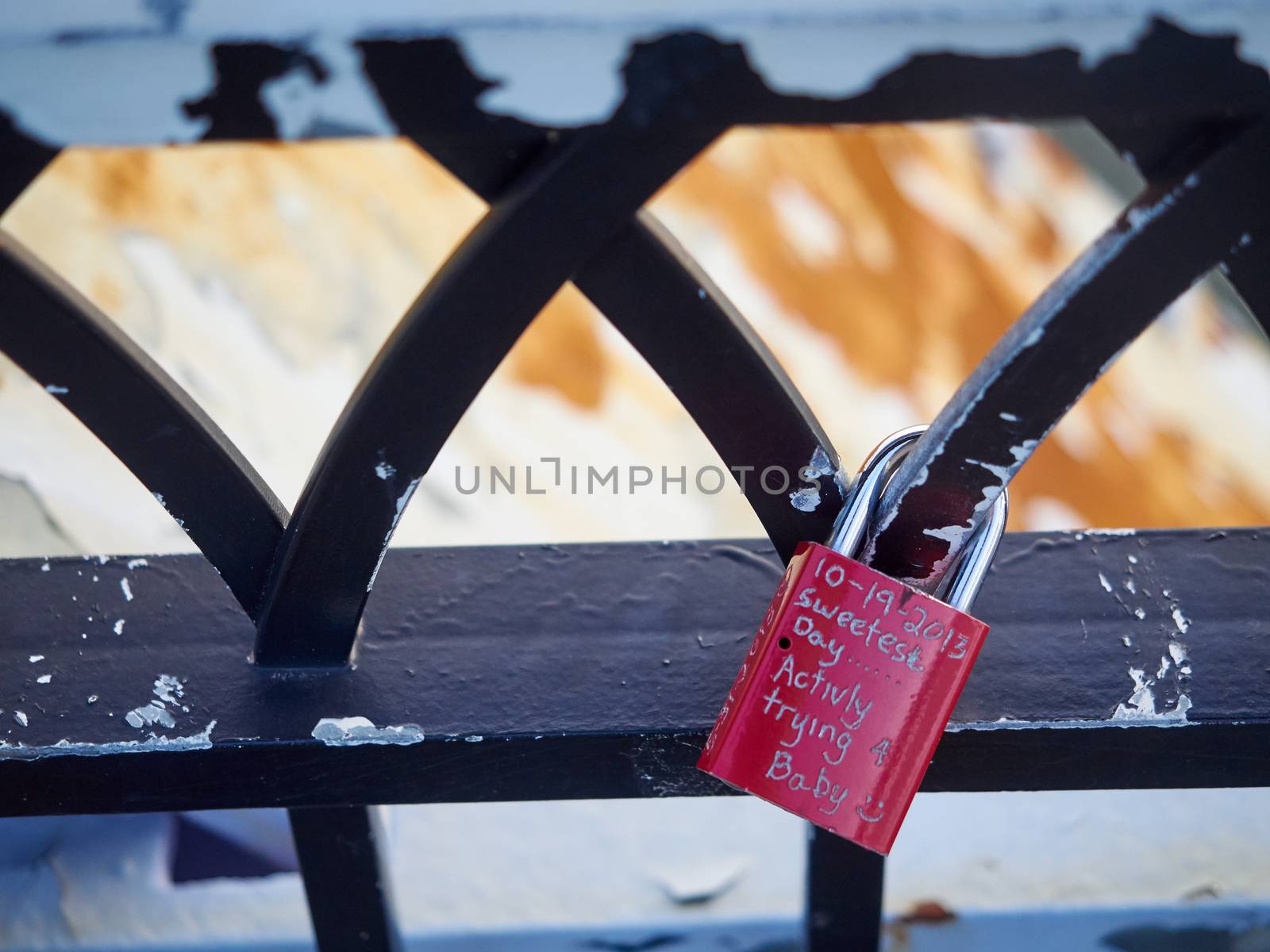 Symbolic love padlocks fixed to the railings of Purple People Bridge in Cincinnati