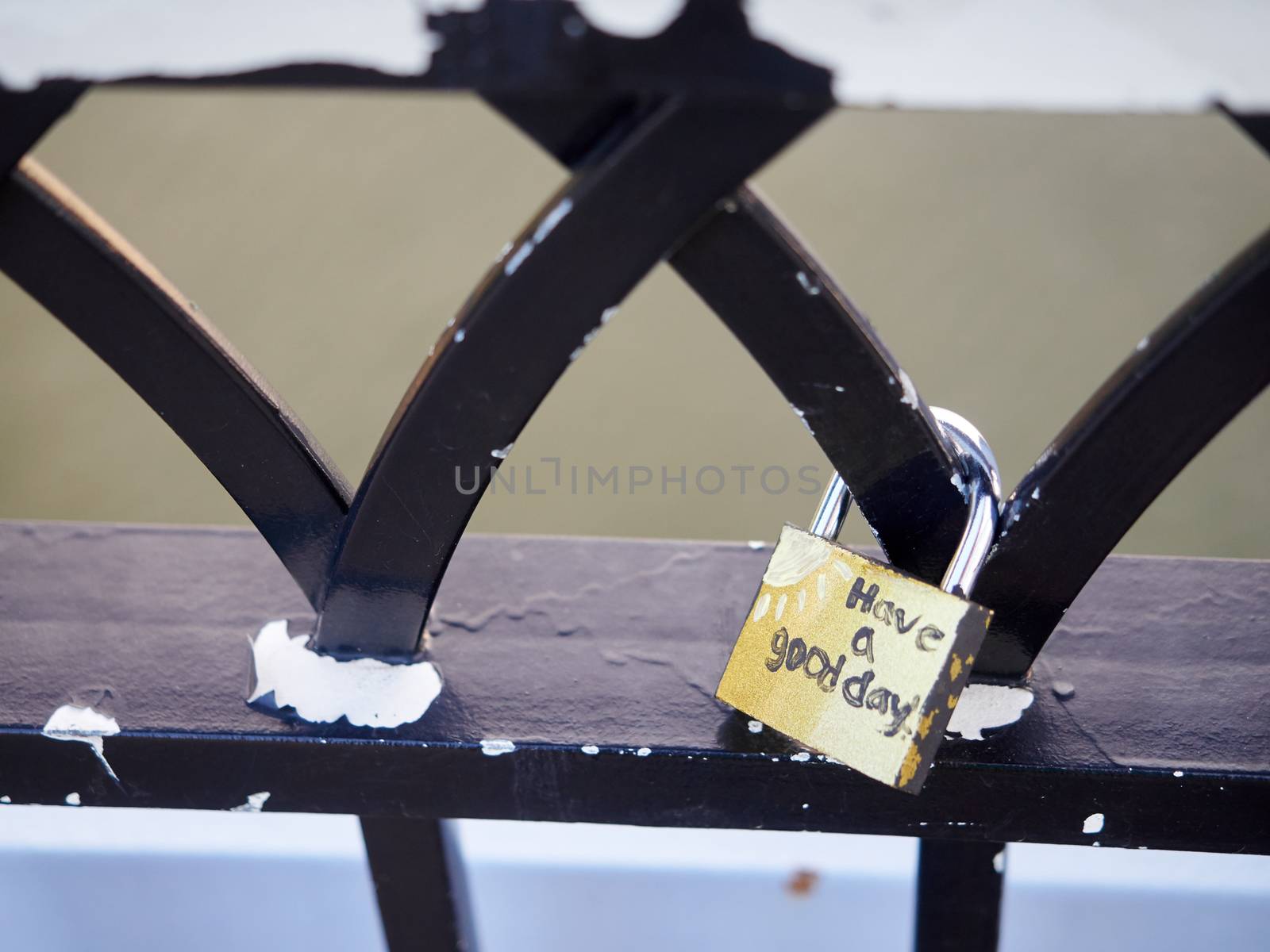 Symbolic love padlocks fixed to the railings of Purple People Bridge in Cincinnati
