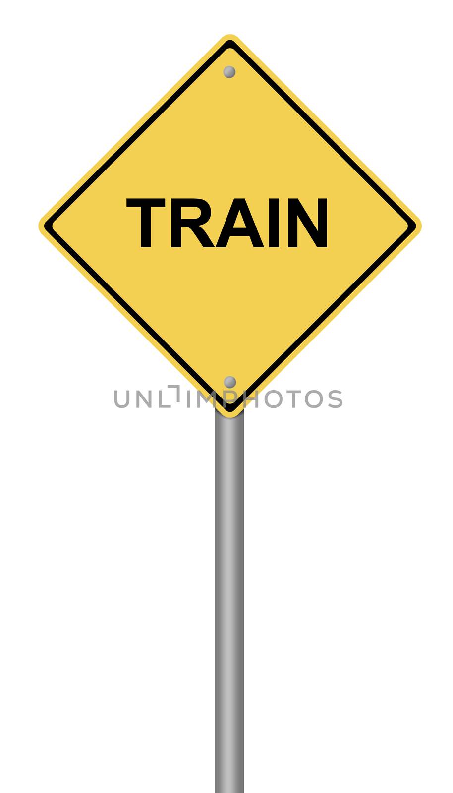 Yellow warning sign with the writing TRAIN on whiate background.