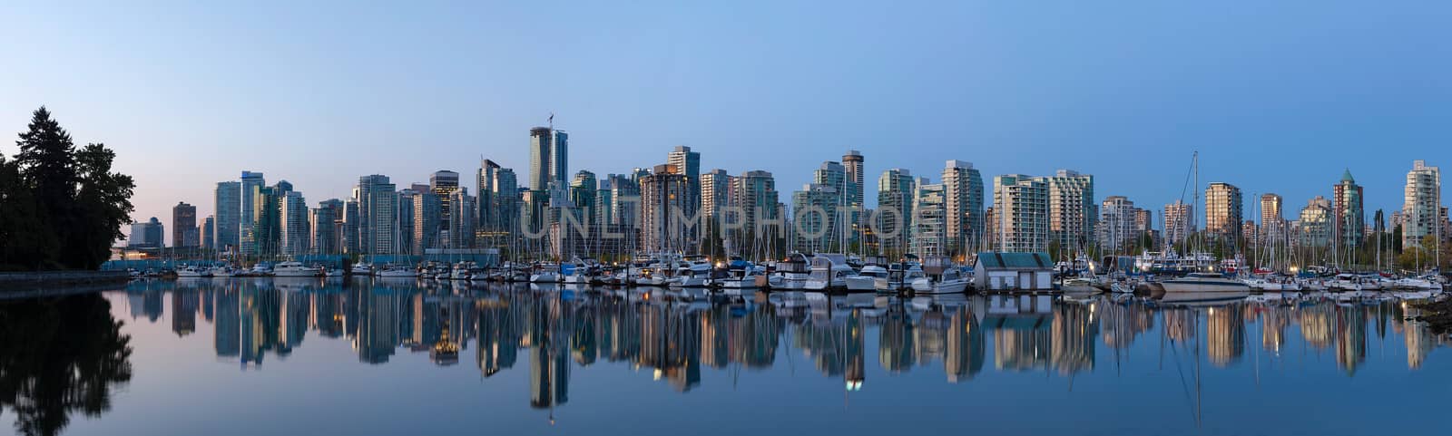 Vancouver British Columbia Canada City Skyline by the Harbor View from Stanley Park along False Creek at Sunrise Panorama