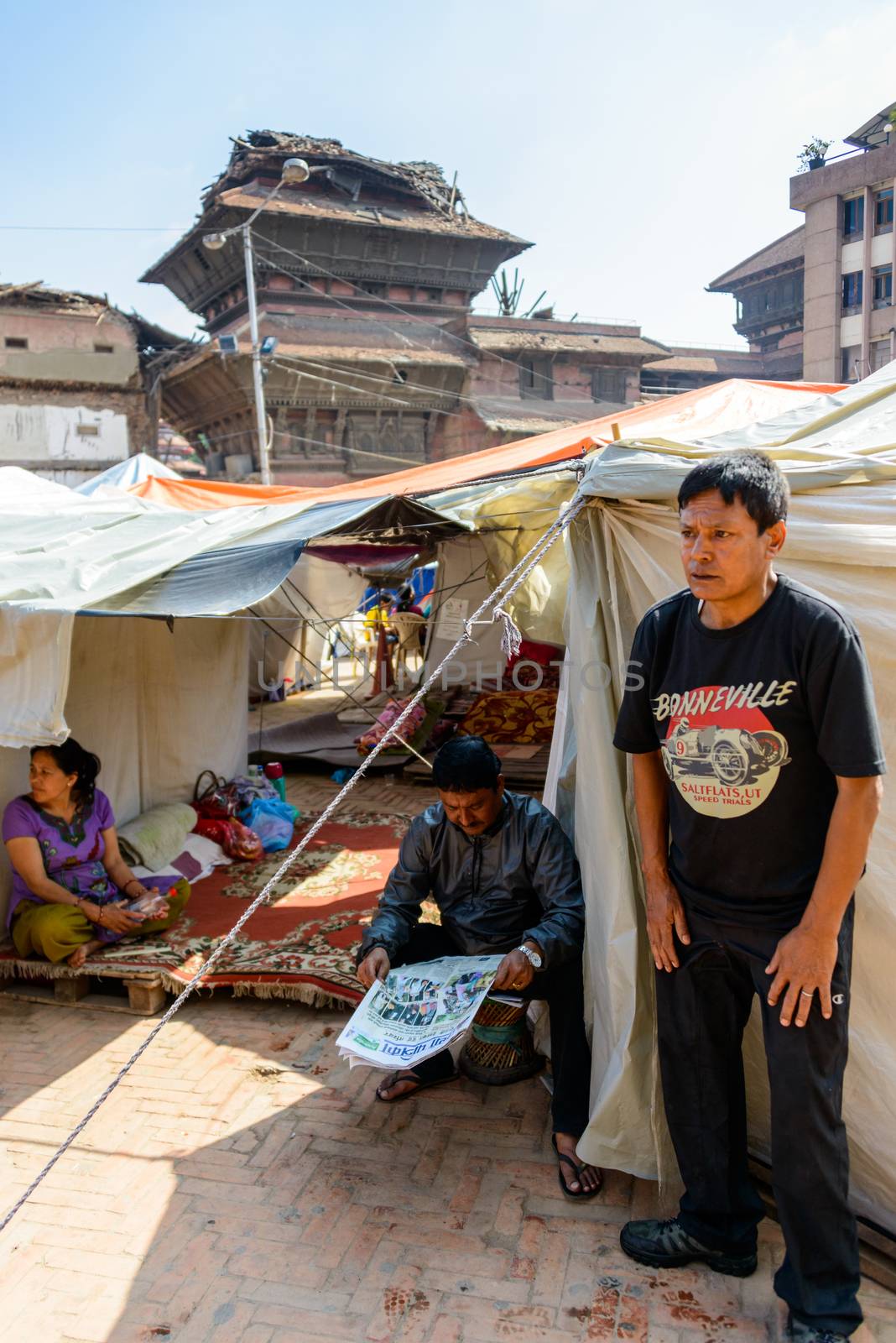 KATHMANDU, NEPAL - MAY 14, 2015: A makeshift campsite is set up at Durbar Square after two major earthquakes hit Nepal in the past weeks.