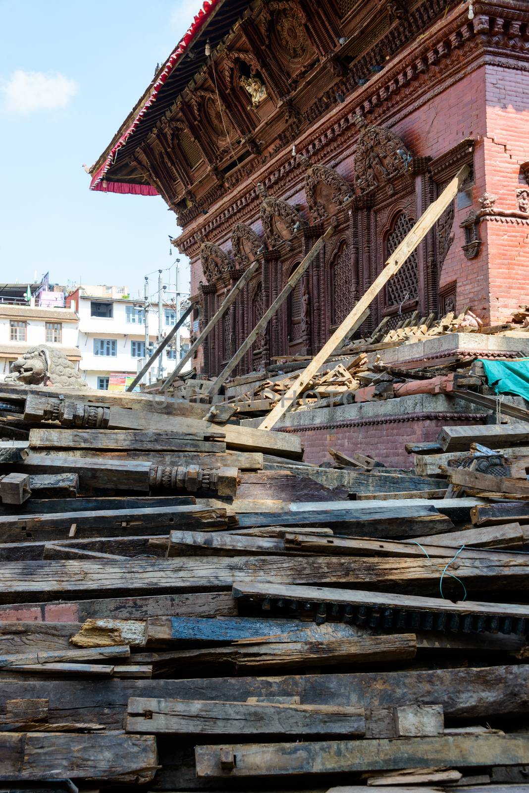 KATHMANDU, NEPAL - MAY 14, 2015: Durbar Square, a UNESCO World Heritage Site, is partially destroyed after two major earthquakes hit Nepal in the past weeks.