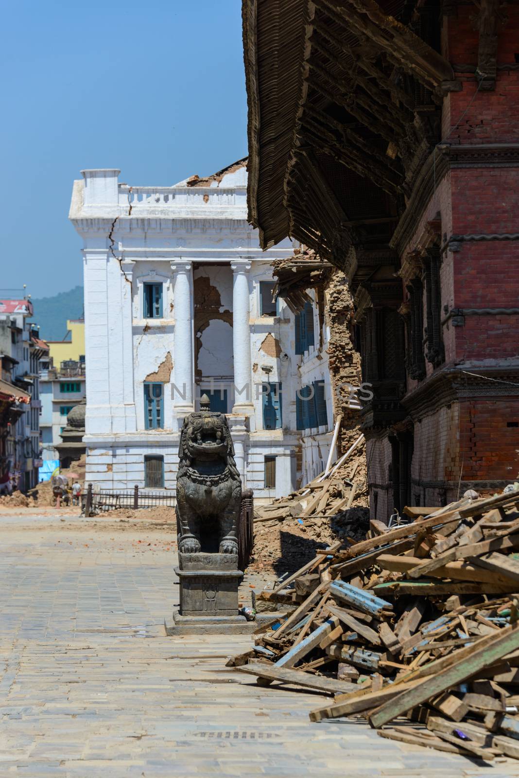 KATHMANDU, NEPAL - MAY 14, 2015: Gaddi Durbar palace on Durbar Square is severely damaged after two major earthquakes hit Nepal in the past weeks.