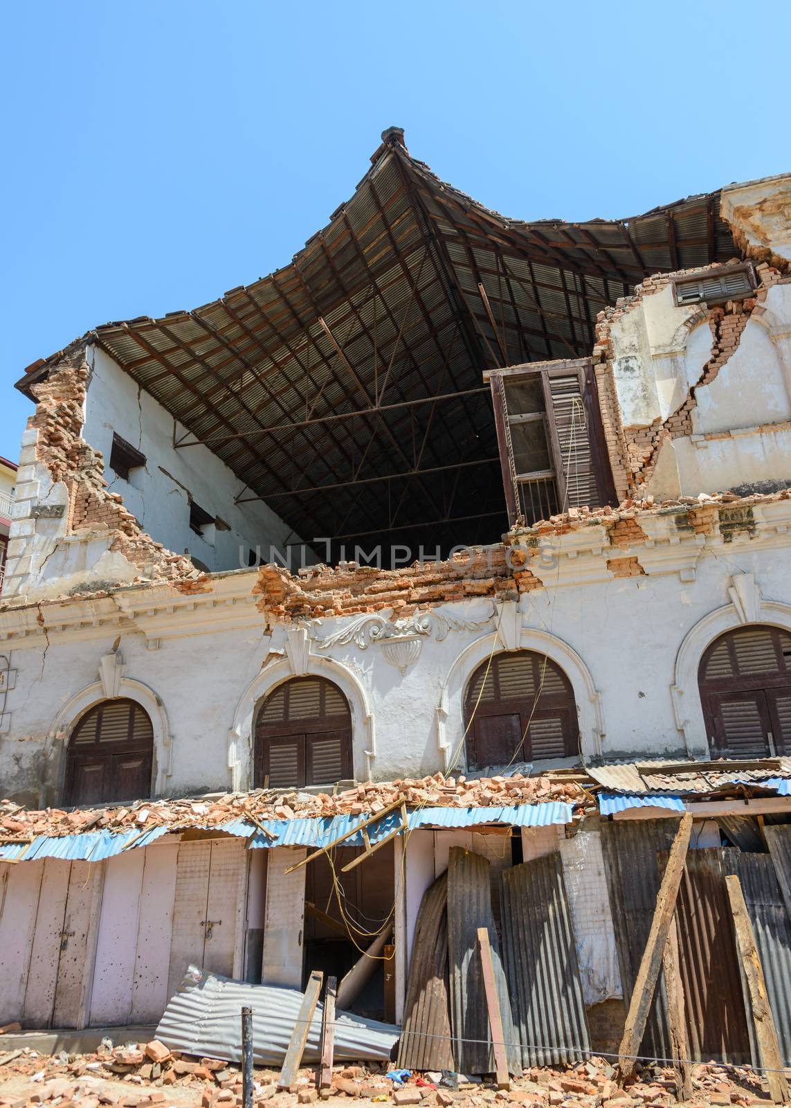 KATHMANDU, NEPAL - MAY 14, 2015: A damaged building after two major earthquakes hit Nepal in the past weeks.