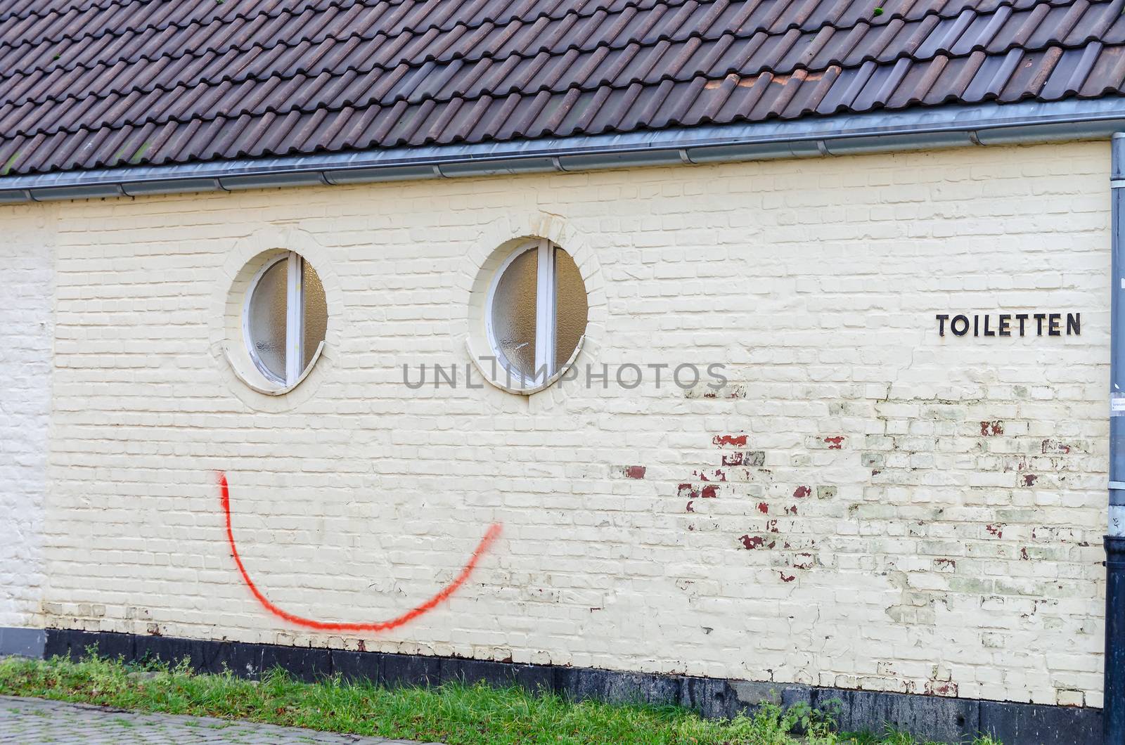 Funny Graffiti on a wall with two round windows.