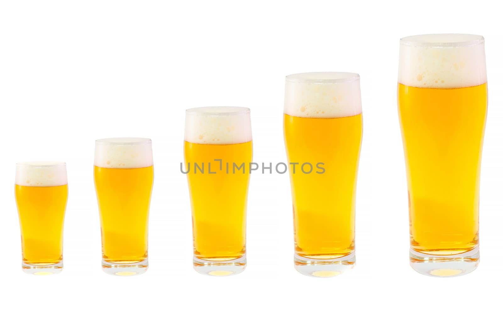Five different sized glasses filled with cold beer.