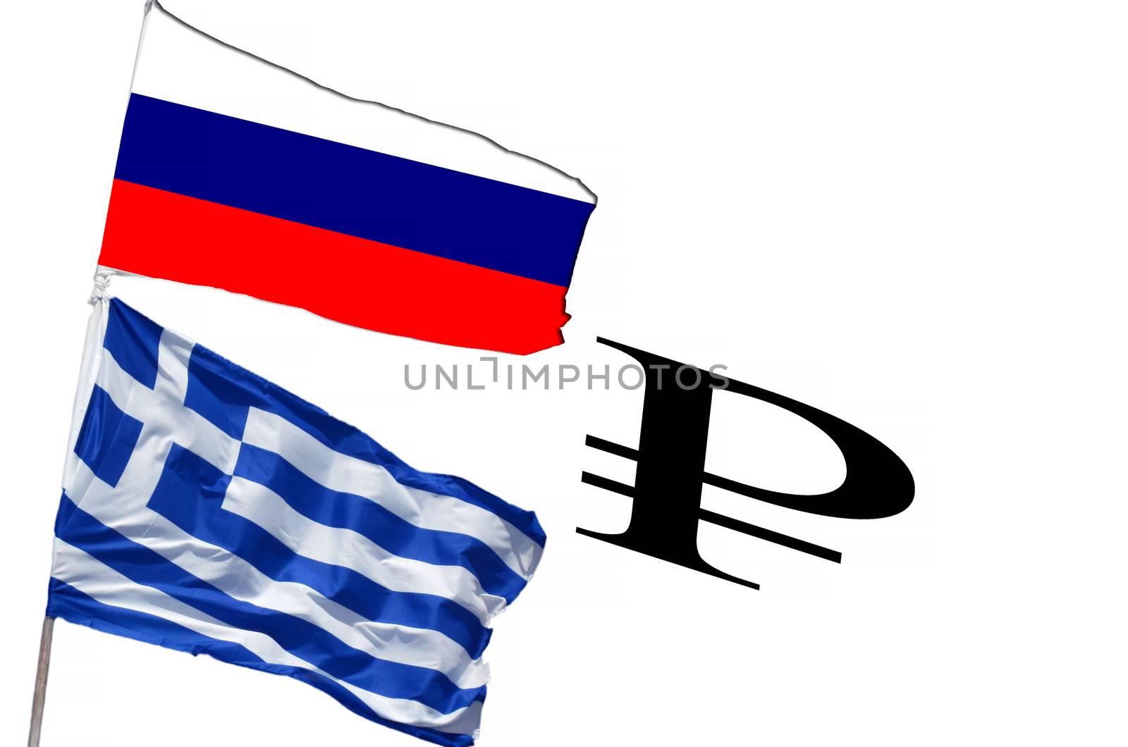 Flag Greece and Russia Rubles characters.