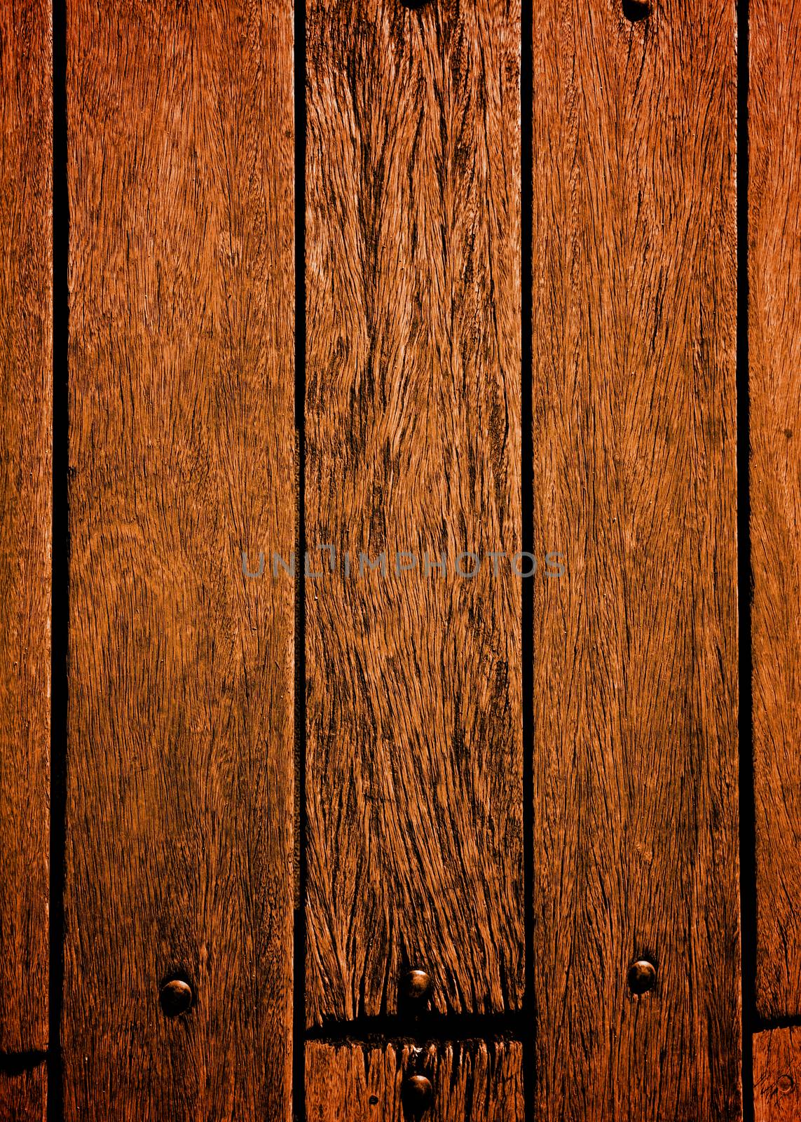 Background of Terracotta Old Wooden Deck Board with Nail Heads closeup