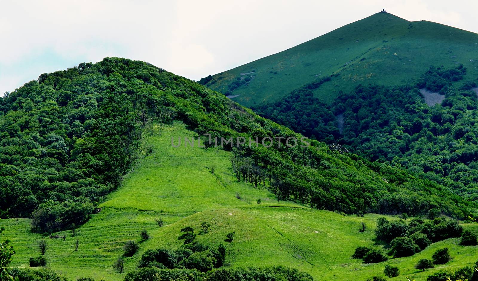 Beauty Green Hills Over Meadows at Sunny Day on Cloudy Sky background Outdoors