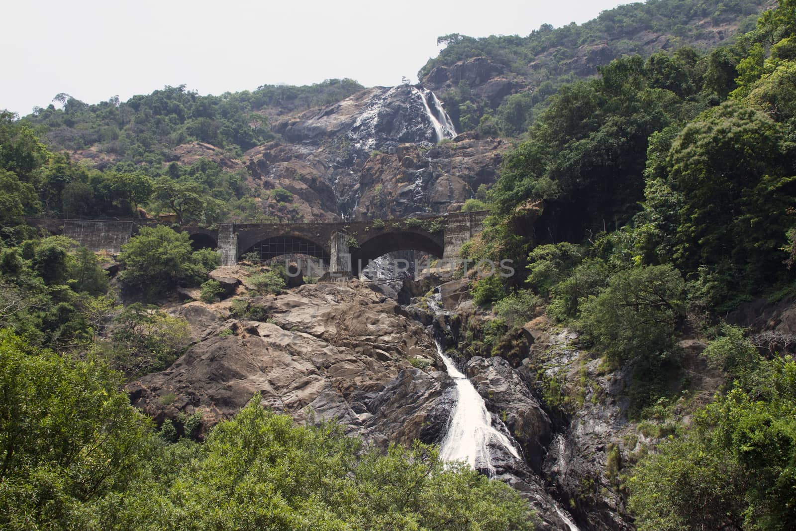 Waterfall in the jungle, a beautiful view of the railway on cliff .Indiya Goa by mcherevan