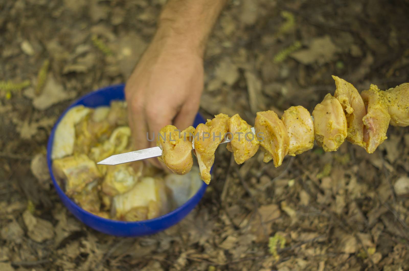 Pieces of raw meat on a skewer. For your commercial and editorial use by serhii_lohvyniuk