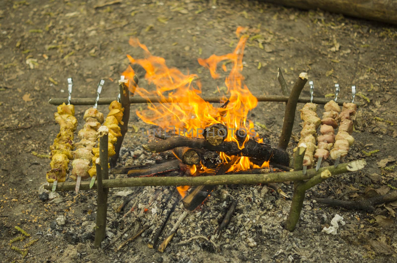 Process of preparation of a shish kebab, from uncooked to the cooked