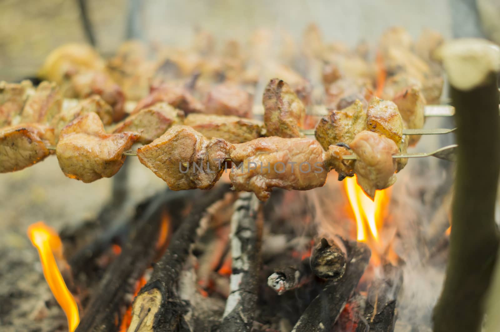 Process of preparation of a shish kebab, from uncooked to the cooked