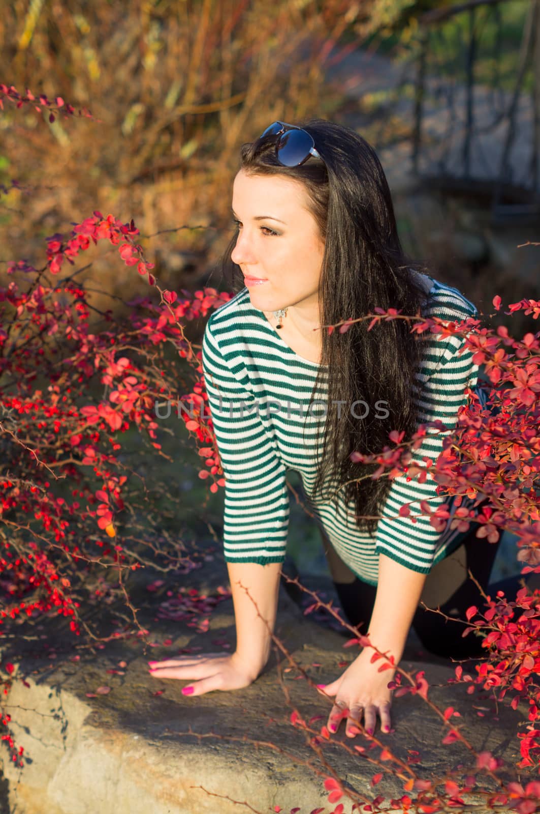 beautiful and sexy girl sitting on bench outdoors. 