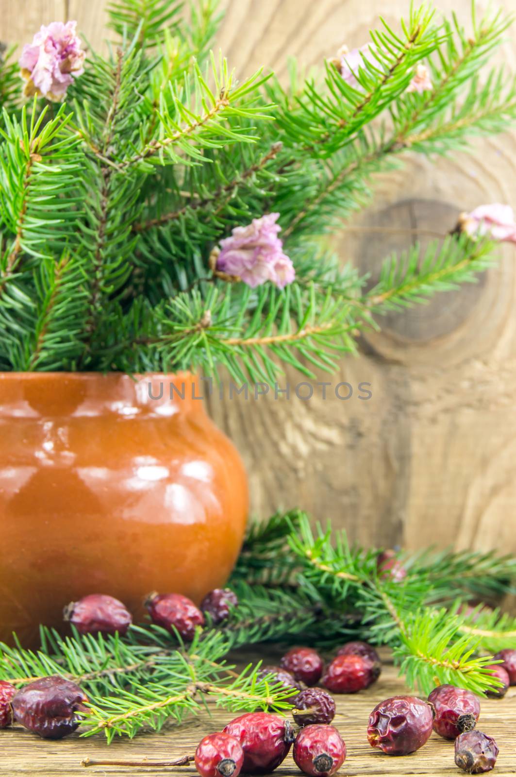 Bright christmas composition on wooden background by serhii_lohvyniuk