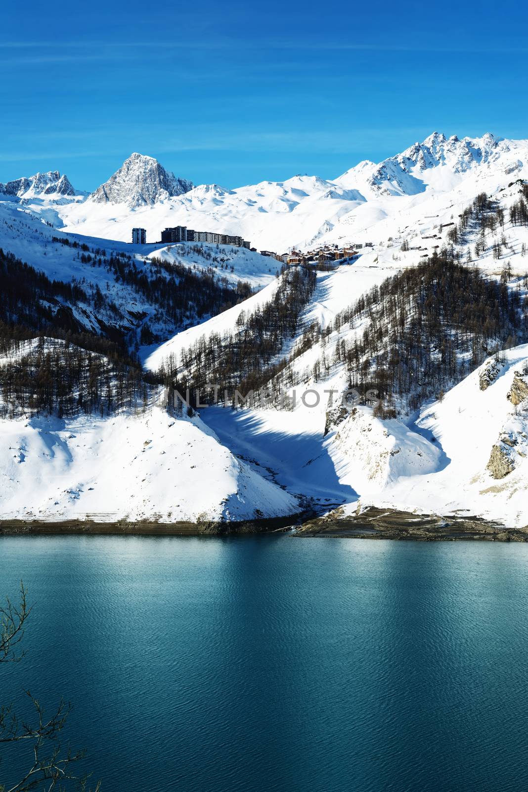 Llandscape and ski resort in French Alps,Tignes, Le Clavet, Tarentaise, France 