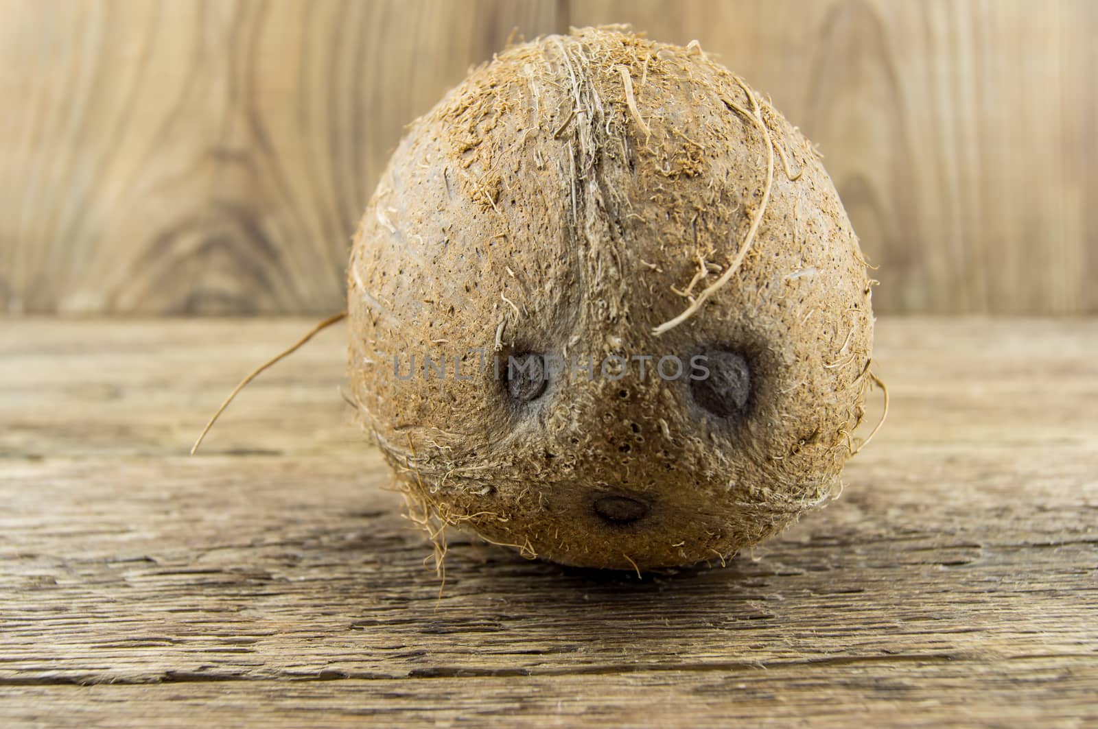 coconut and lie on a wooden background.