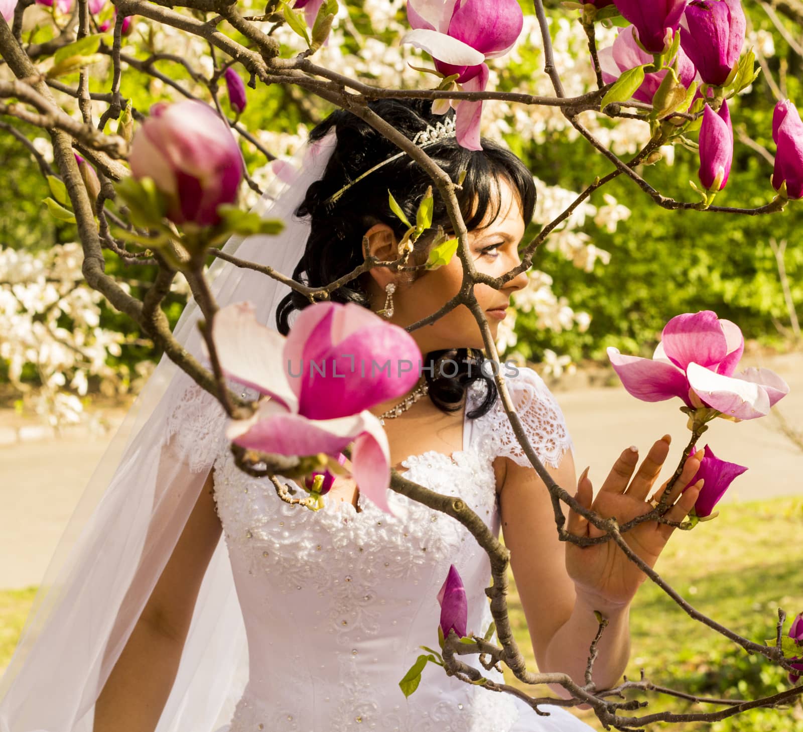 Young happy bride smells flowers magnolia outdoors by serhii_lohvyniuk