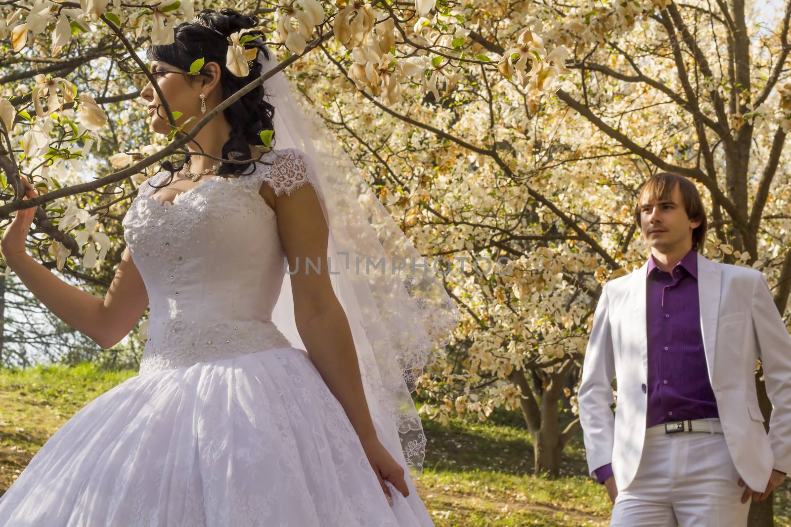 groom and bride in white dress on a background of flowering trees