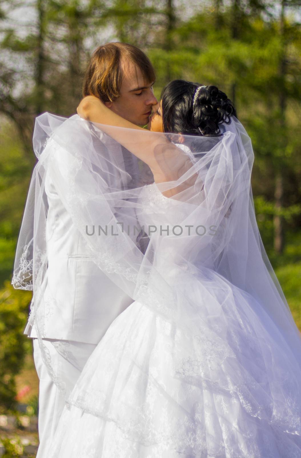 Bride and groom with a bouquet of kisses on the nature. For your commercial and editorial use.