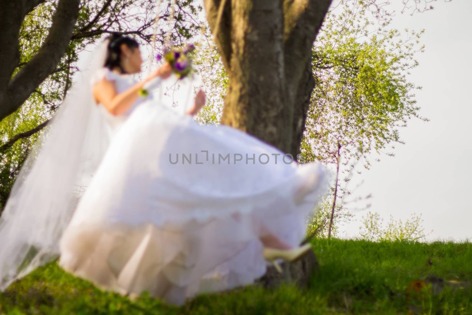 bride and groom swinging on a swing by serhii_lohvyniuk