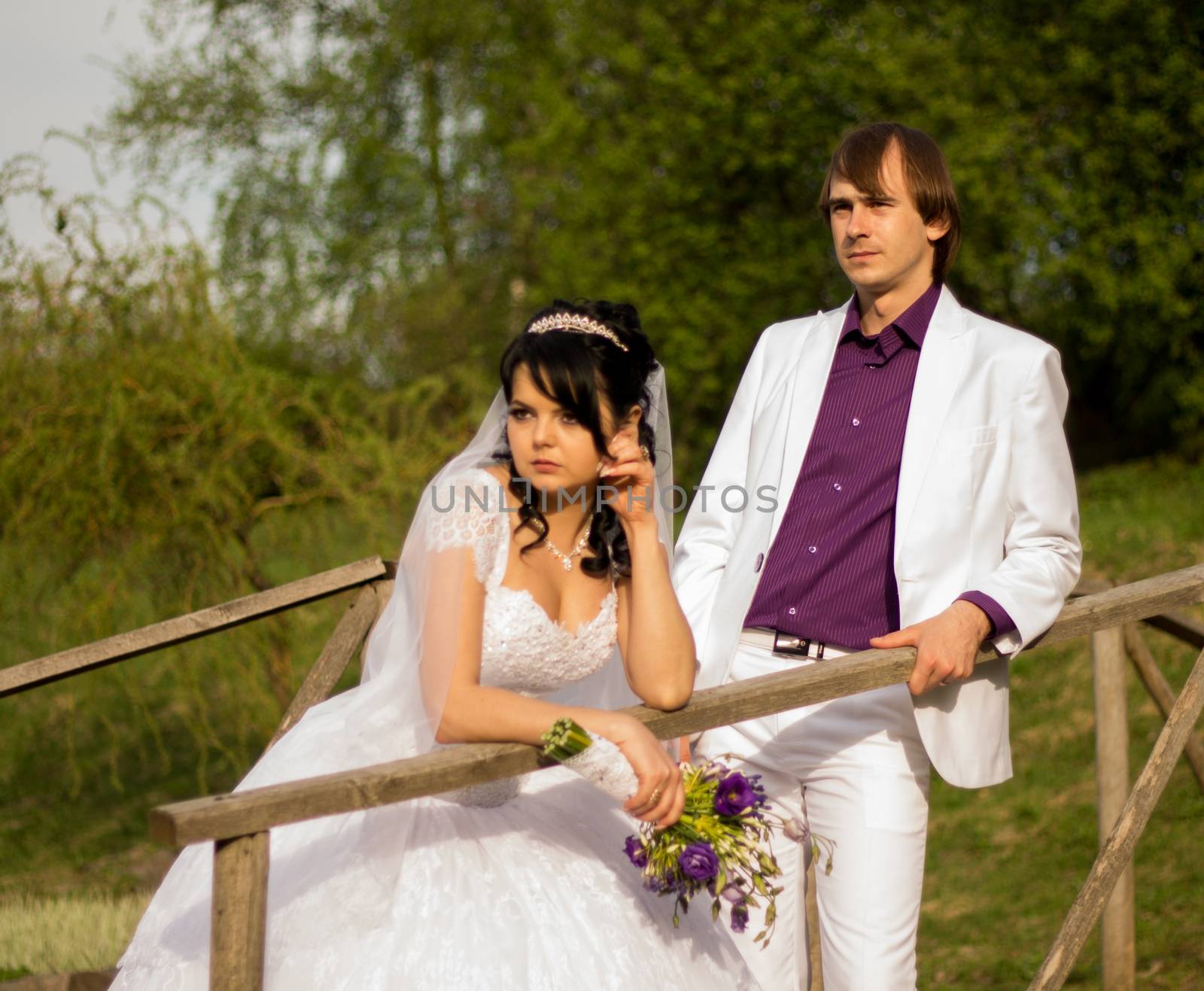 Happy just married couple standing on the small bridge by serhii_lohvyniuk