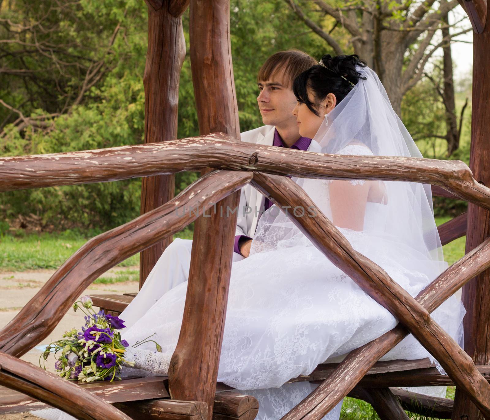 Couple love bride and groom posing sitting on wooden bench in by serhii_lohvyniuk