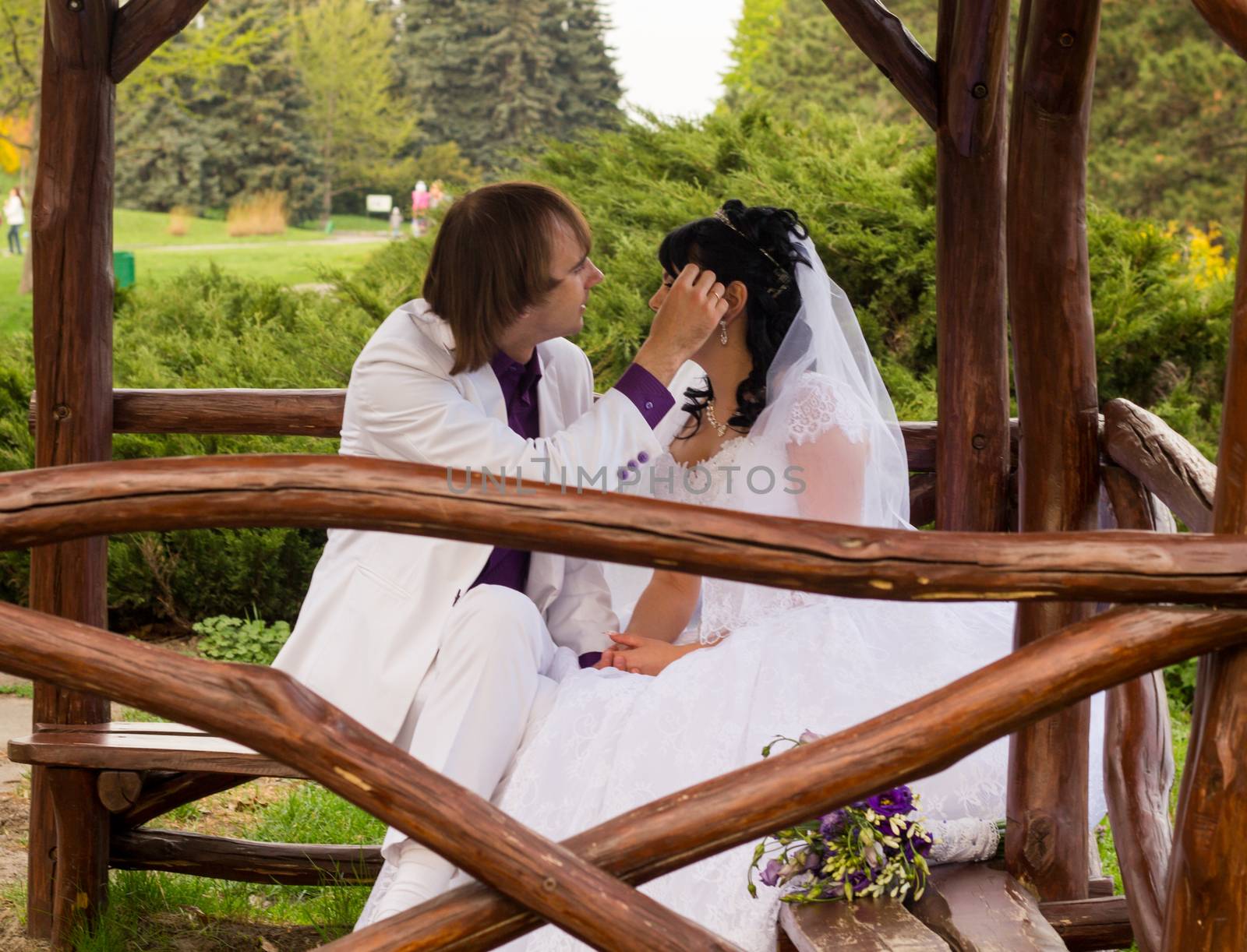 Couple love bride and groom posing sitting on wooden bench in by serhii_lohvyniuk